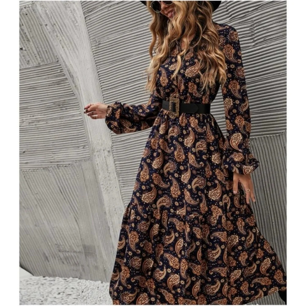 Boho Black Paisley Print Ruffle Midi Dress - Picture 1 of 4